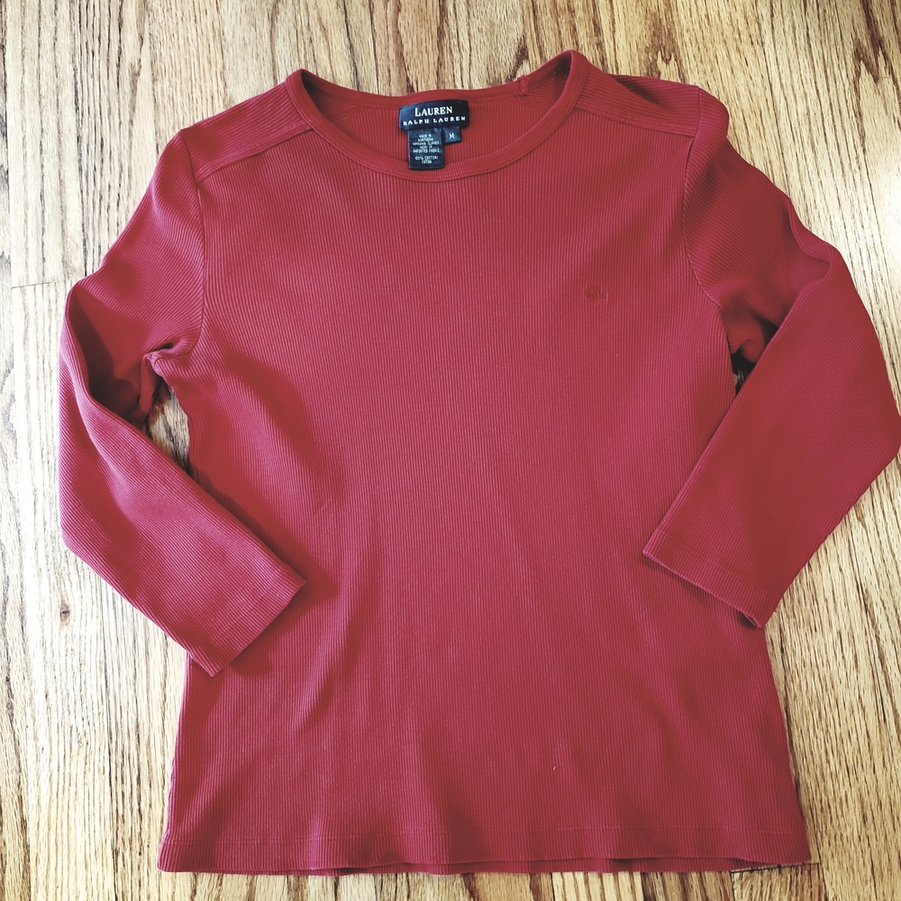 Vtg Lauren Ralph Lauren Deep Red Ribbed 3/4-Sleeve Tee Size: M